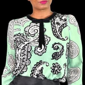 Manoush Chiffon Blouse Green Sequins Top Sheer Pastel Paisley Black Bow Size 4